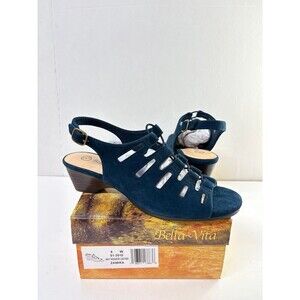 Bella Vita Women's Zamira Wedge Heel Slingback Sandals Navy Kidsuede Leather 8W
